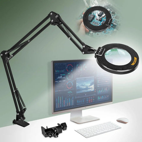 Beefy Long Reach 12X Magnifying Glass With Light And Stand over computer screen with clamp and LED magnifier