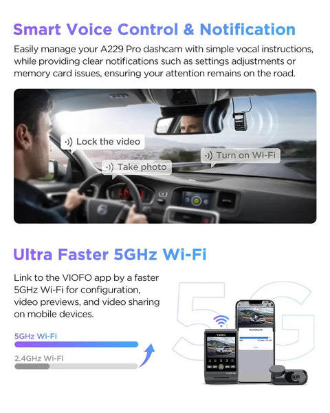 A229 Pro 4K HDR Dash Cam With Dual STARVIS 2 Sensors IMX678 And IMX675 smart voice control in car interior view
