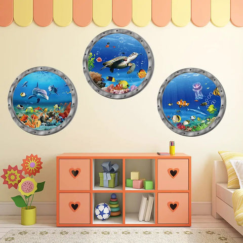 Underwater Ocean World Wall Decals Set Dope 12 Inch Round 3D Peel And Stick Vinyl Stickers With Dolphins Turtles And Fish For Bathroom Bedroom Living Room And Furniture Decor displayed on a wall
