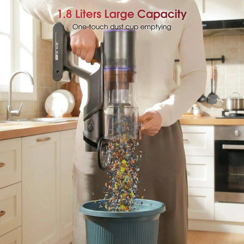 Total Game Changer Cordless Stick Vacuum Cleaner Delivering Raw 55Kpa Suction And Smart Anti Tangling Brushes emptying 1.8L dust cup into a bin.