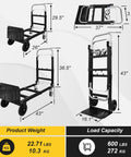 3-in-1 Aluminum Hand Truck Dolly With 600 Lb Capacity, dimensions illustration with foldable design and weight details