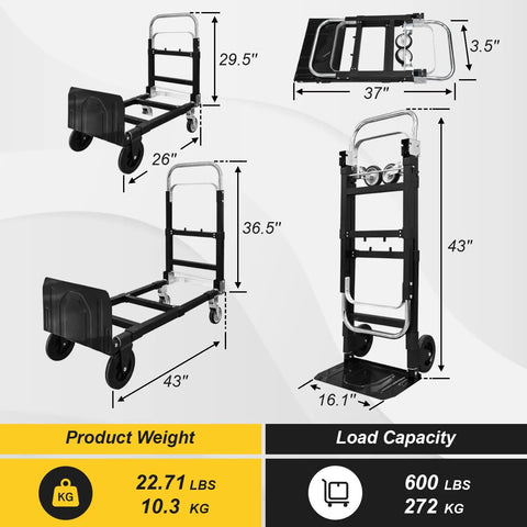 3-in-1 Aluminum Hand Truck Dolly With 600 Lb Capacity, dimensions illustration with foldable design and weight details