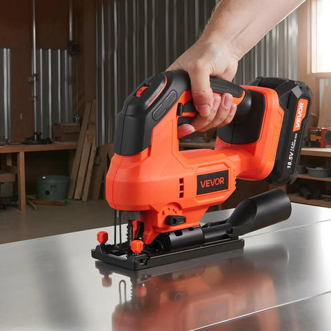 Badass 20V Brushless Cordless Jigsaw, Knockout 3500 SPM Variable Speed With Standard Battery Hookup, Built In Led Lamp, Four Orbital Settings, Six Fresh Blades For Pain Free Wood And Metal Jobs Daily in use with metal surface.