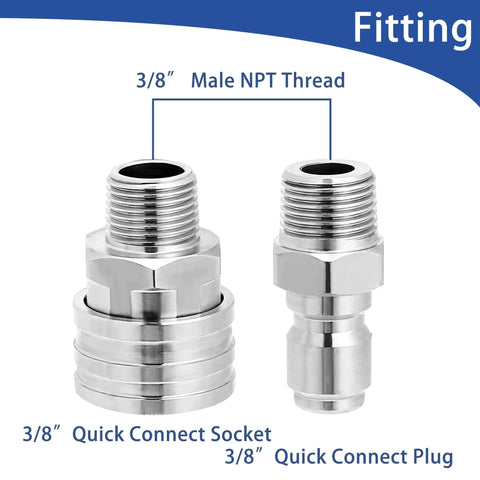 Front view of two chrome stainless-steel 3/8-inch quick-connect pressure washer adapters with male NPT thread