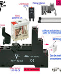 Image of Six Pack 12 Amp 110V Electromagnetic Relay with socket, LED module, fixing clamp, plastic hook, and writing tabs, UL/CE certified.