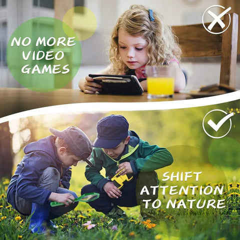 Kids exploring nature with Awesome Kids Outdoor Explorer Kit With Bug Catcher Gear, emphasizing outdoor adventures over screen time.