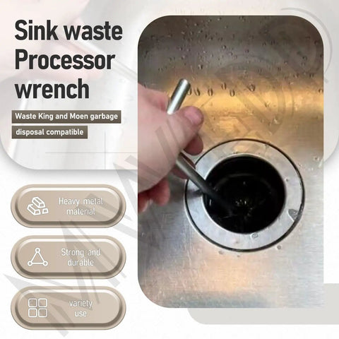 Person using Extended Grip Garbage Disposer Unjamming Wrench For Waste King And Moen Disposals in a kitchen sink drain.