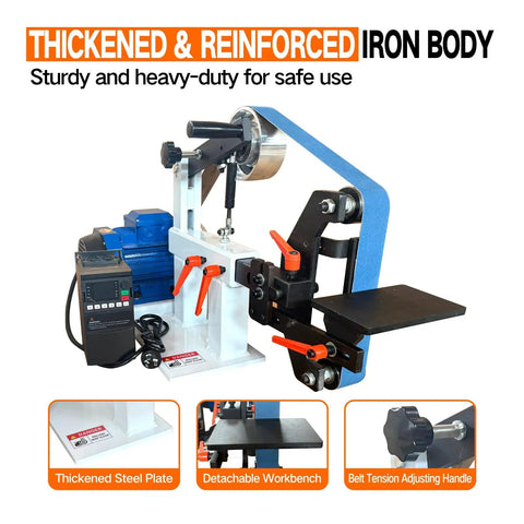 Beefy 2x72 Inch Belt Grinder Sander with Variable Speed Drive 1500W 2HP Motor, shown with thickened iron body and workbench.