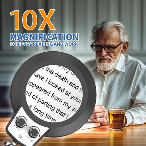 Elderly man using 2 In 1 LED Magnifier With Light Desk Lamp Clamp Stand For Crafting And Soldering, 10x Magnification.