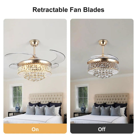 36 Inch Fandelier Ceiling Fan With Light Gold Dope Retractable Crystal Chandelier Style Reversible Blades Remote Control Dimmable LED Light Kit For Dining Room Living Room And Bedroom over bed, on and off view.
