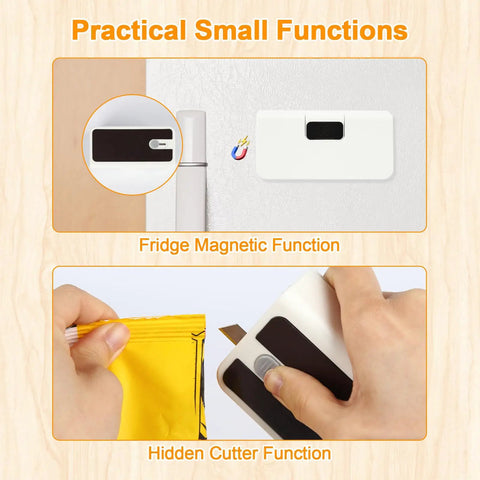 Mini Bag Sealer 2 In 1 Heat Sealer And Cutter With Rechargeable Battery And LED Display showing fridge magnet and cutting use
