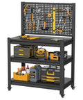 Heavy Duty 1000 Pound Rolling Workbench With Removable Pegboard And Smooth Rolling Tool Cart For Garage Shop Setup Steel Welding Surface Built Tough Shop Ready with tools and storage.