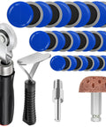 No Sweat Tire Patch Kit With Thirty Durable Rubber Patches Precision Rolling Buffer And Scraper Tool For Quick Flat Repairs, includes rubber patches, roller, and scraper.