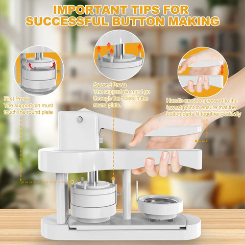 Pre Assembled Button Maker Machine With Free 58mm Discs No Sweat Setup Straight Out The Box Diy Badge Press Kit showing tips for button making.