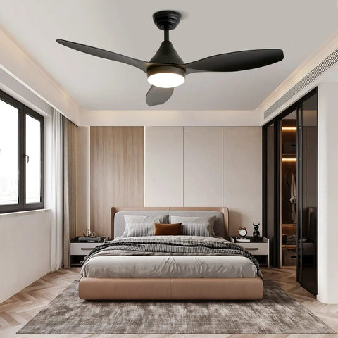 52 Inch Black Ceiling Fan With Remote And Light, Dope Modern Three Blade Fixture For Bedroom Living Room Dining Room And Patio, Quiet Motor Under Thirty Five Decibels, Includes Remote Switch And Optional Six Or Ten Inch Downrod in a bedroom setting