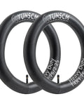 Two Heavy Duty 14 Inch Bike Inner Tubes With Schrader Valve 45/57-254 Fits 14x1.75 14x2.25, black rubber, side view