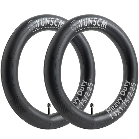 Two Heavy Duty 14 Inch Bike Inner Tubes With Schrader Valve 45/57-254 Fits 14x1.75 14x2.25, black rubber, side view