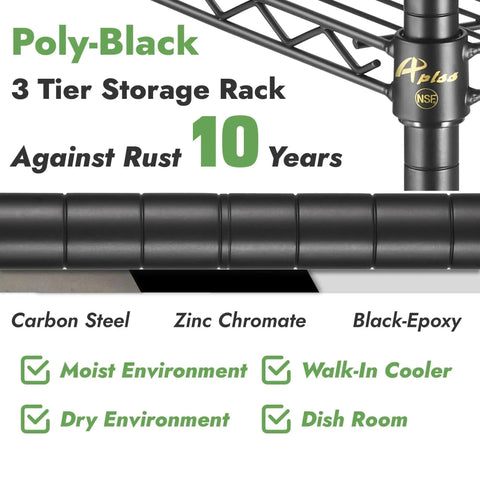 Heavy Duty Black Wire Shelving Unit With 3 Adjustable Tiers Rock Solid Construction featuring three tiers and rust protection.