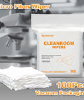 Ultra Absorbent Microfiber Wipes 6x6 Inches, 100 Pcs pack with laser-cut edges, displayed near a microscope in cleanroom packaging.