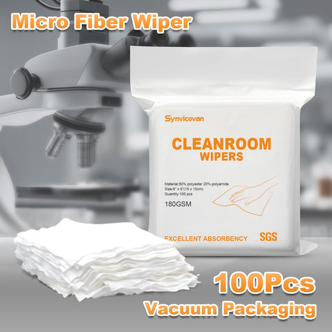 Ultra Absorbent Microfiber Wipes 6x6 Inches, 100 Pcs pack with laser-cut edges, displayed near a microscope in cleanroom packaging.