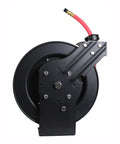 Auto Rewind Retractable Air Hose Reel With Twenty Five Feet Of Three Eighths Inch Hose And Brass Fittings In Black And Red For High Pressure Up To Two Hundred Fifty PSI And Smooth Tangle Free Operation, side view