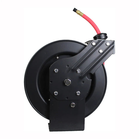 Auto Rewind Retractable Air Hose Reel With Twenty Five Feet Of Three Eighths Inch Hose And Brass Fittings In Black And Red For High Pressure Up To Two Hundred Fifty PSI And Smooth Tangle Free Operation, side view