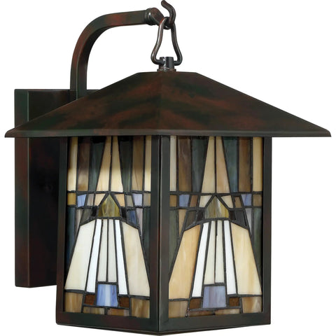 Tiffany Style Outdoor Wall Lantern With Handcrafted Orange Yellow Brown Art Glass Geometric Classic Design 1 Light 100W Incandescent Valiant Bronze Finish For Porch Patio And Exterior Lighting