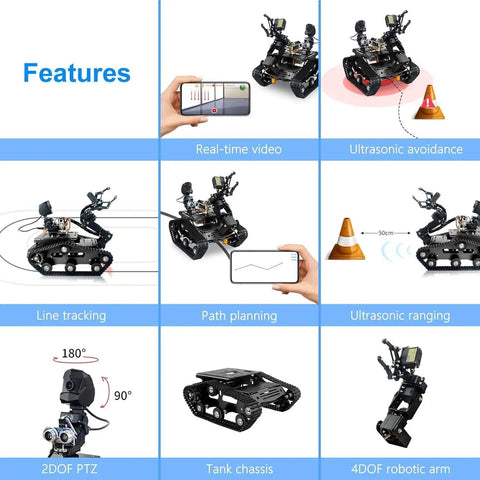 WiFi Robot Kit With Raspberry Pi 5 For Adults And Teens, 4DOF Robotic Arm On Tank Chassis Car with 2DOF HD Camera