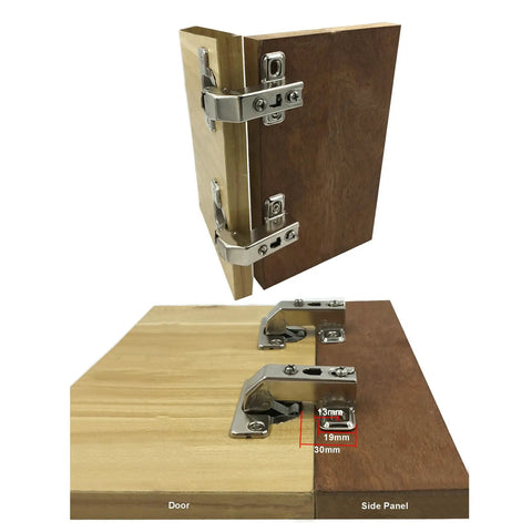 Solid Short Arm Inset Blind Corner Cabinet Hinges With Dead Silent Hydraulic Soft Close For Tight Nook Cupboards And Wardrobes 95 Degree Pivot Concealed 35mm Hardware Built To Last Pack Of Four, showing door and side panel installation.