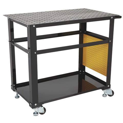 Mobile Welding Table With Firm Grip Handle And Heavy Duty Swivel Casters For Metal Fit Up Kit Space Saving Welding Workbench Top With Four 20 Inch By 12 Inch Sections For Easy Organization And Durable Pro Grade Performance shown with perforated tabletop and wheeled base.