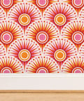Bold Pink Geometric Sun Wallpaper With Matte Linen Texture Paste To Paper Accent Wall Roll Hella Durable Home Decor Smooth Water Based Ink Chef Kiss Upgrade Vibe close-up vibrant design.
