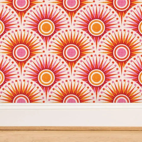 Bold Pink Geometric Sun Wallpaper With Matte Linen Texture Paste To Paper Accent Wall Roll Hella Durable Home Decor Smooth Water Based Ink Chef Kiss Upgrade Vibe close-up vibrant design.