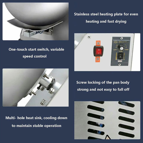 Kickass Commercial Sugar Coating Machine And Electric Candy Polisher Featuring Nine Variable Speeds Plus Integrated Dry Cycle, close-up of controls and heating plate.
