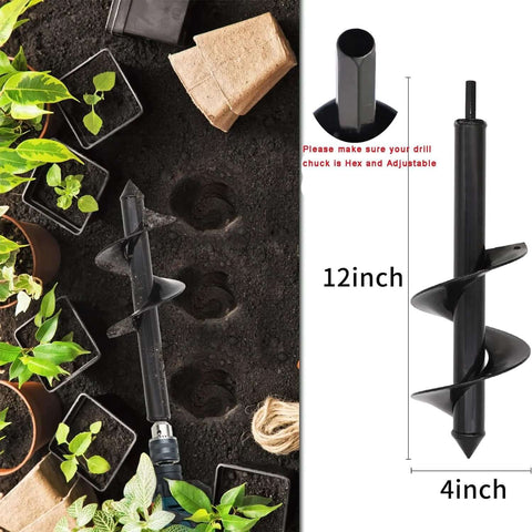 TCBWFY garden auger drill bit, 12-inch long, 4-inch diameter, black steel with spiral blade, hex chuck compatible