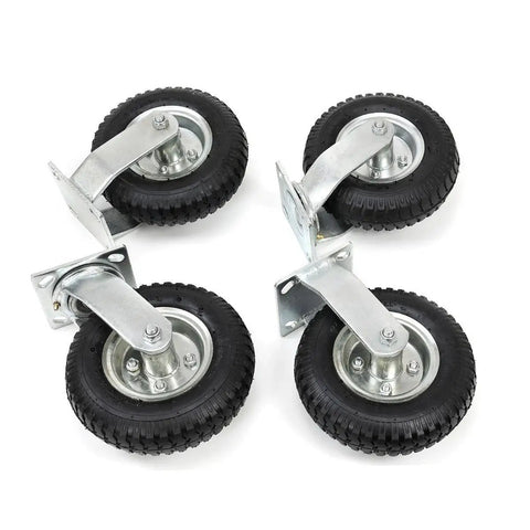 Heavy Duty Four Pack Eight Inch Pneumatic Air Tire Casters With Two Rigid And Two Swivel Wheels For Farm Cart, featuring durable steel bases.