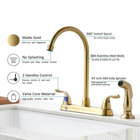 Gold Kitchen Faucet With Side Sprayer And High Pressure Sprayer 8 Inch High Arc 360 Degree Rotating Spout Centerset RV Sink