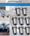 Eight Piece Heavy Duty Weld On Nuts With Three Eighths Sixteen Thread Stepped Female Profile for easy installation on frames.