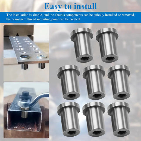 Eight Piece Heavy Duty Weld On Nuts With Three Eighths Sixteen Thread Stepped Female Profile for easy installation on frames.