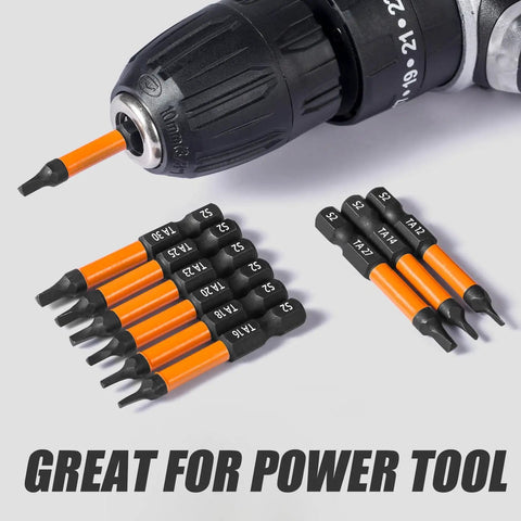 10 Piece Magnetic Triangle Screwdriver Bits Set with 2 Inch Long S2 Steel Triangle Heads, 1/4 Inch Hex Shank, shown with drill