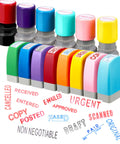 Top Shelf Fourteen Piece Self Inking Office Stamp Set Featuring Slick Business Message Designs with various colored stamps.