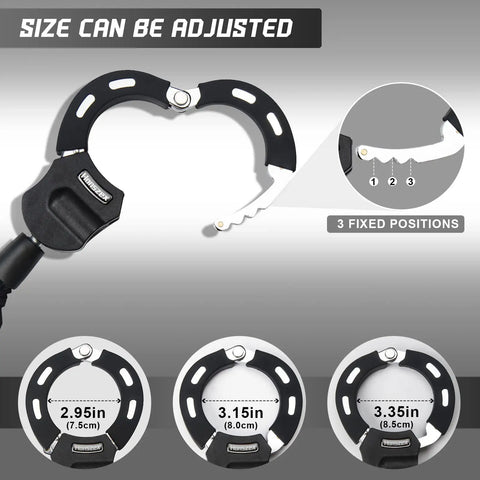 Heavy Duty Handcuff Chain Lock With Key For Electric Scooters And Bikes showing adjustable size and lock positions