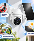 Wireless Outdoor Security Camera With Solar Power And Two Way Talk 2K Hd Full Color Night Vision mounted with solar panel and phone control.