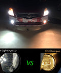 Side-by-side comparison of Alla Lighting LED and OEM Halogen fog lights on a vehicle. PSX24W 2504 LED Fog Light Bulbs Set Of 2, 6000K Xenon White, 2800 Lumens Total, Auto 12V Fog Lamps Replacement, 5730 33-SMD LED Chips, Plug And Play, Easy Install.