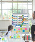 Teacher using Neon Magnetic Name Labels Set 50 Pcs 6 By 2 Inches Reusable Magnetic Dry Erase Tags on whiteboard in classroom.