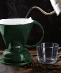 Pour Over Coffee Dripper Kit With Filters 18 Ounce Capacity BPA Free Plastic Dark Green brewing with glass cup