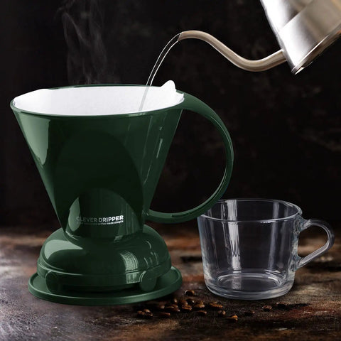Pour Over Coffee Dripper Kit With Filters 18 Ounce Capacity BPA Free Plastic Dark Green brewing with glass cup