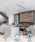 Modern living room with 4 Inch Slim Recessed LED Ceiling Lights With Junction Box 9W 800 Lumen 5000K Daylight CRI90 Dimmable.