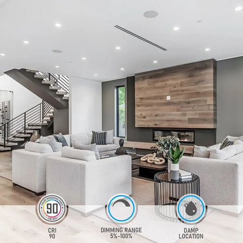 Modern living room with 4 Inch Slim Recessed LED Ceiling Lights With Junction Box 9W 800 Lumen 5000K Daylight CRI90 Dimmable.
