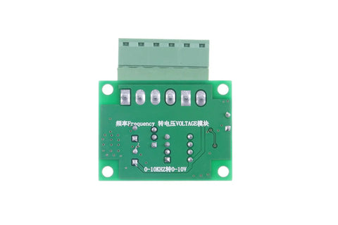 Top view of a plug-and-play frequency to voltage converter module 0 to 3 kHz to 0-5 V analog output for PLC inverter interface.