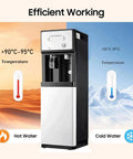 Hospital Grade Freestanding Water Dispenser With Hot Cold And Room Temp Settings Direct Plumbing Hookup For Automatic Refill Zero Plastic Baggage Spotless Clinic Hygiene Quick Setup Always Ready To Roll with hot and cold temperature display.